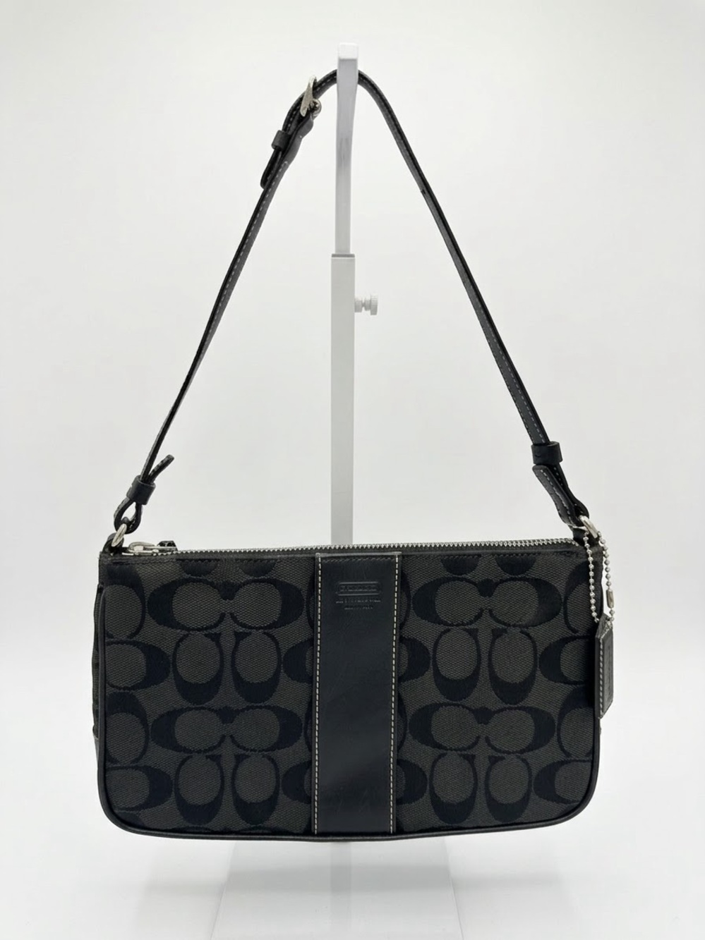 Coach Black Signature Canvas Leather Striped Shoulder Bag F3J-6338 Y2K